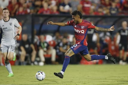 Aug 13, 2022; Frisco, Texas, USA; FC Dallas forward Jesus Ferreira (10) kicks the ball against the San Jose Earthquakes in the first half at Toyota Stadium. Mandatory Credit: Tim Heitman-USA TODAY Sports