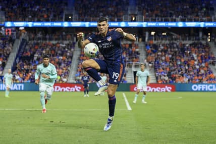 Aug 13, 2022; Cincinnati, Ohio, USA;  FC Cincinnati forward Brandon Vazquez (19) controls the ball against Atlanta United FC in the second half at TQL Stadium. Mandatory Credit: Aaron Doster-USA TODAY Sports