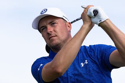 Aug 19, 2022; Wilmington, Delaware, USA; Jordan Spieth plays his shot from the ninth tee during the second round of the BMW Championship golf tournament. Mandatory Credit: Bill Streicher-USA TODAY Sports