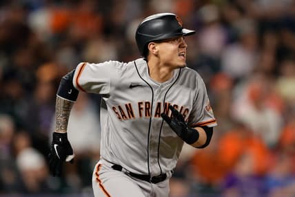Aug 19, 2022; Denver, Colorado, USA; San Francisco Giants second baseman Wilmer Flores (41) watches his ball on a double in the eighth inning against the Colorado Rockies at Coors Field. Mandatory Credit: Isaiah J. Downing-USA TODAY Sports