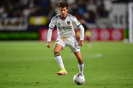 Aug 19, 2022; Carson, California, USA; Los Angeles Galaxy midfielder Riqui Puig (6) controls the ball against the Seattle Sounders during the second half at Dignity Health Sports Park. Mandatory Credit: Gary A. Vasquez-USA TODAY Sports