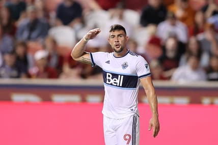 Aug 20, 2022; Sandy, Utah, USA;  Vancouver Whitecaps FC forward Lucas Cavallini (9) reacts to a play in the first half against Real Salt Lake at Rio Tinto Stadium. Mandatory Credit: Rob Gray-USA TODAY Sports