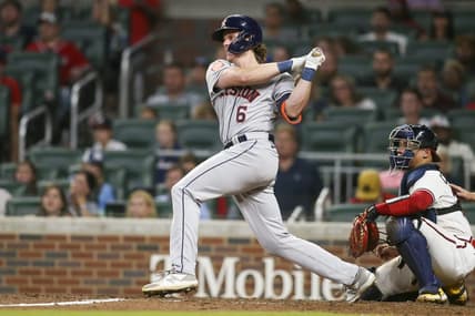 Aug 20, 2022; Atlanta, Georgia, USA; Houston Astros center fielder Jake Meyers (6) hits a RBI single against the Atlanta Braves in the tenth inning at Truist Park. Mandatory Credit: Brett Davis-USA TODAY Sports
