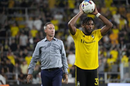 Crew coach Caleb Porter watches as defender Steven Moreira takes a throw-in against New York City FC on Aug. 6. The Crew are six points out of the fourth playoff spot that would give them a home playoff game.

Mls New York City Fc At Columbus Crew x