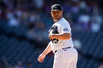 Aug 24, 2022; Denver, Colorado, USA; Colorado Rockies relief pitcher Jhoulys Chacin (43) on the mound in the ninth inning against the Texas Rangers at Coors Field. Mandatory Credit: Isaiah J. Downing-USA TODAY Sports