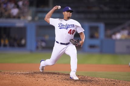 Aug 24, 2022; Los Angeles, California, USA; Los Angeles Dodgers relief pitcher Brusdar Graterol (48) throws in the seventh inning against the Milwaukee Brewers at Dodger Stadium. Mandatory Credit: Kirby Lee-USA TODAY Sports