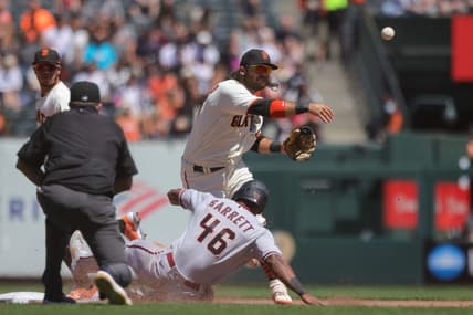 Aug 18, 2022; San Francisco, California, USA; San Francisco Giants shortstop Brandon Crawford (35) during the game against the Arizona Diamondbacks at Oracle Park. Mandatory Credit: Sergio Estrada-USA TODAY Sports