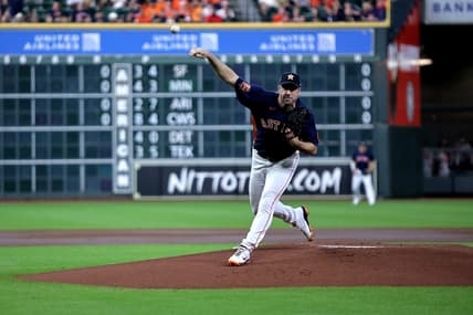 Aug 28, 2022; Houston, Texas, USA; Houston Astros starting pitcher Justin Verlander (35) delivers a pitch against the Baltimore Orioles during the first inning at Maid Park. Mandatory Credit: Erik Williams-USA TODAY Sports
