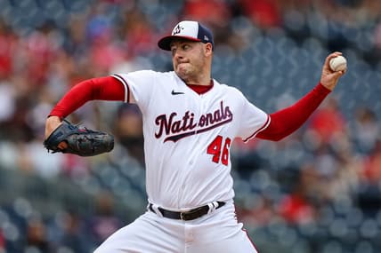 Aug 28, 2022; Washington, District of Columbia, USA; Washington Nationals starting pitcher Patrick Corbin (46) pitches against the Cincinnati Reds during the first inning at Nationals Park. Mandatory Credit: Scott Taetsch-USA TODAY Sports