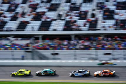 Aug 28, 2022; Daytona Beach, Florida, USA; NASCAR Cup Series driver Austin Cindric (2) and driver Austin Dillon (3) ,  driver Noah Gragson (62) and driver Tyler Reddick (8) race in the trioval during the Coke Zero Sugar 400 at Daytona International Speedway. Mandatory Credit: John David Mercer-USA TODAY Sports