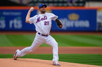 Aug 28, 2022; New York City, New York, USA; New York Mets pitcher Max Scherzer (21) delivers a pitch against the Colorado Rockies during the first inning at Citi Field. Mandatory Credit: Gregory Fisher-USA TODAY Sports
