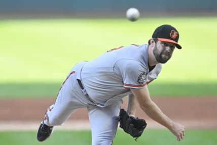 Aug 31, 2022; Cleveland, Ohio, USA; Baltimore Orioles starting pitcher Jordan Lyles (28) in the first inning against the Cleveland Guardians at Progressive Field. Mandatory Credit: David Richard-USA TODAY Sports