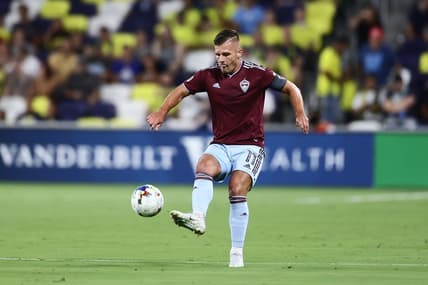 Aug 31, 2022; Nashville, Tennessee, USA; Colorado Rapids forward Diego Rubio (11) kicks the ball int the first half against Nashville SC at Geodis Park. Mandatory Credit: Casey Gower-USA TODAY Sports