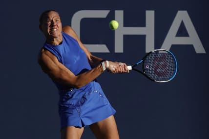 Sep 1, 2022; Flushing, NY, USA; Kaia Kanepi (EST) hits a backhand against Aryna Sabalenka (not pictured) on day four of the 2022 U.S. Open tennis tournament at USTA Billie Jean King Tennis Center. Mandatory Credit: Geoff Burke-USA TODAY Sports
