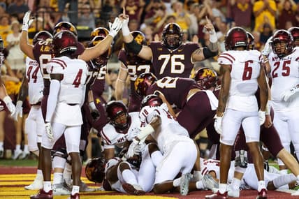 Sep 1, 2022; Minneapolis, Minnesota, USA; Minnesota Golden Gophers players celebrate a touchdown New Mexico State Aggies during the first quarter at Huntington Bank Stadium. Mandatory Credit: Matt Krohn-USA TODAY Sports