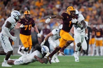 Sep 1, 2022; Tempe, Arizona, USA; Arizona State Sun Devils running back Xazavian Valladay (1) runs with the ball against the Northern Arizona Lumberjacks during the first half at Sun Devil Stadium. Mandatory Credit: Joe Camporeale-USA TODAY Sports