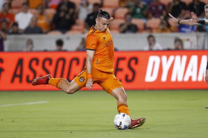 Aug 31, 2022; Houston, Texas, USA; Houston Dynamo FC forward Sebastian Ferreira (9) scores a goal on a penalty kick during the match against the Los Angeles FC at PNC Stadium. Mandatory Credit: Troy Taormina-USA TODAY Sports