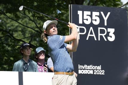 Sep 1, 2022; Boston, Massachusetts, USA; Cameron Smith hits tee shot on hole 13 during the Pro-Am round of the LIV Golf tournament at The International. Mandatory Credit: Richard Cashin-USA TODAY Sports