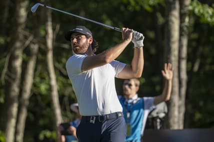 Sep 2, 2022; Boston, Massachusetts, USA; joint leader after the first round Matthew Wolff hitting his tee shot on the 15th hole during the first round of the LIV Golf tournament at The International. Mandatory Credit: Richard Cashin-USA TODAY Sports