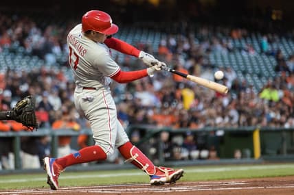 Sep 2, 2022; San Francisco, California, USA; Philadelphia Phillies first baseman Rhys Hoskins (17) hits a single against the San Francisco Giants during the first inning at Oracle Park. Mandatory Credit: John Hefti-USA TODAY Sports
