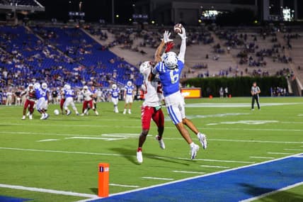 Sep 2, 2022; Durham, North Carolina, USA; Duke Blue Devils wide receiver Eli Pancol (6) jumps to catch the football while Temple Owls cornerback Iverson Clement (22) defends him during second half of the game at Wallace Wade Stadium. Mandatory Credit: Jaylynn Nash-USA TODAY Sports