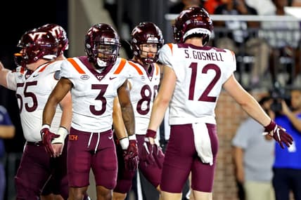 Sep 2, 2022; Norfolk, Virginia, USA;  Virginia Tech Hokies wide receiver Da'Wain Lofton (3) celebrate with defensive back Cam Johnson (12) after scoring a touchdown during the third quarter at Kornblau Field at S.B. Ballard Stadium. Mandatory Credit: Peter Casey-USA TODAY Sports