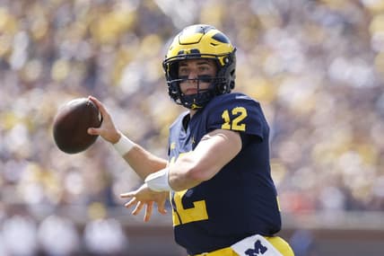 Sep 3, 2022; Ann Arbor, Michigan, USA;  Michigan Wolverines quarterback Cade McNamara (12) passes  in the first half against the Colorado State Rams at Michigan Stadium. Mandatory Credit: Rick Osentoski-USA TODAY Sports