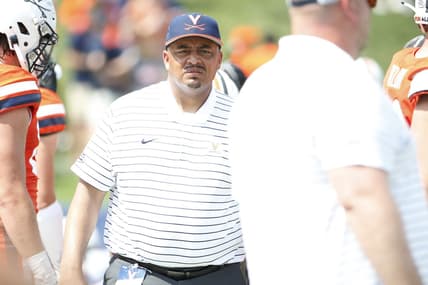 Sep 3, 2022; Charlottesville, Virginia, USA; Virginia Cavaliers head coach Tony Elliott looks on from the sidelines during the second half at Scott Stadium. Mandatory Credit: Amber Searls-USA TODAY Sports