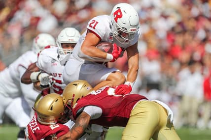 Sep 3, 2022; Chestnut Hill, Massachusetts, USA; Rutgers Scarlet Knights tight end Johnny Langan (21) runs the ball during the second half against the Boston College Eagles at Alumni Stadium. Mandatory Credit: Paul Rutherford-USA TODAY Sports