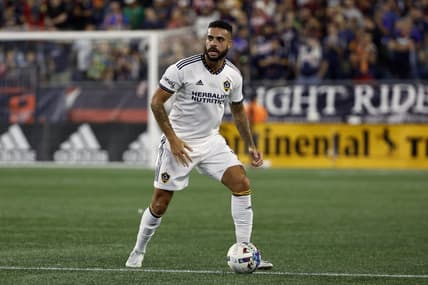 Aug 28, 2022; Foxborough, Massachusetts, USA; Los Angeles Galaxy defender Derrick Williams (3) during the first half against the New England Revolution at Gillette Stadium. Mandatory Credit: Winslow Townson-USA TODAY Sports