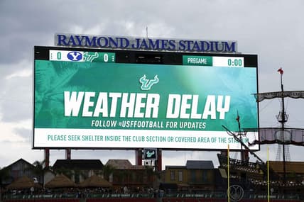 Sep 3, 2022; Tampa, Florida, USA; General view of the jumbotron showing advising of a weather delay of the game between the South Florida Bulls and the Brigham Young Cougars at Raymond James Stadium. Mandatory Credit: Douglas DeFelice-USA TODAY Sports
