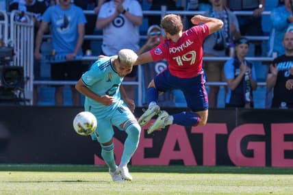 Sep 3, 2022; Saint Paul, Minnesota, USA; FC Dallas midfielder Paxton Pomykal (19) draws a foul on Minnesota United midfielder Emanuel Reynoso (10) in the first half at Allianz Field. Mandatory Credit: Matt Blewett-USA TODAY Sports