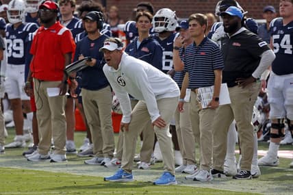 Sep 3, 2022; Oxford, Mississippi, USA; Mississippi Rebels head coach Lane Kiffin reacts during the first half against the Troy Trojans at Vaught-Hemingway Stadium. Mandatory Credit: Petre Thomas-USA TODAY Sports