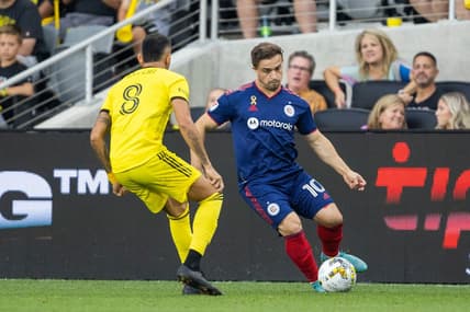 Sep 3, 2022; Columbus, Ohio, USA; Chicago Fire midfielder Xherdan Shaqiri (10) dribbles the ball while Columbus Crew midfielder Artur (8) defends in the second half at Lower.com Field. Mandatory Credit: Trevor Ruszkowski-USA TODAY Sports