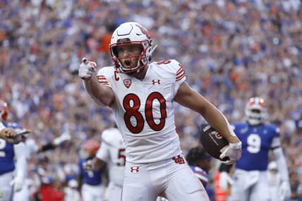 Sep 3, 2022; Gainesville, Florida, USA; Utah Utes tight end Brant Kuithe (80) celebrates after he scores a touchdown against the Florida Gators during the first quarter at Steve Spurrier-Florida Field. Mandatory Credit: Kim Klement-USA TODAY Sports