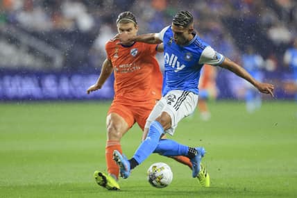 Sep 3, 2022; Cincinnati, Ohio, USA; FC Cincinnati defender Nick Hagglund (back) battles against Charlotte FC forward Daniel Rios (12) for the ball in the first half at TQL Stadium. Mandatory Credit: Aaron Doster-USA TODAY Sports