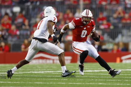 Sep 3, 2022; Madison, Wisconsin, USA;  Wisconsin Badgers running back Braelon Allen (0) rushes with the football during the second quarter against the Illinois State Redbirds at Camp Randall Stadium. Mandatory Credit: Jeff Hanisch-USA TODAY Sports