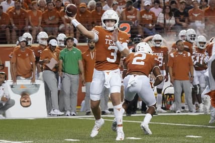 Sep 3, 2022; Austin, Texas, USA; Texas Longhorns quarterback Quinn Ewers (3) throws a pass against the Louisiana Monroe Warhawks in the first half at Darrell K Royal-Texas Memorial Stadium. Mandatory Credit: Scott Wachter-USA TODAY Sports