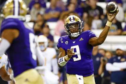 Sep 3, 2022; Seattle, Washington, USA; Washington Huskies quarterback Michael Penix Jr. (9) passes against the Kent State Golden Flashes during the first quarter at Alaska Airlines Field at Husky Stadium. Mandatory Credit: Joe Nicholson-USA TODAY Sports