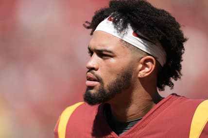 Sep 3, 2022; Los Angeles, California, USA; Southern California Trojans quarterback Caleb Williams (13) reacts during the game against the Rice Owls at United Airlines Field at Los Angeles Memorial Coliseum. Mandatory Credit: Kirby Lee-USA TODAY Sports