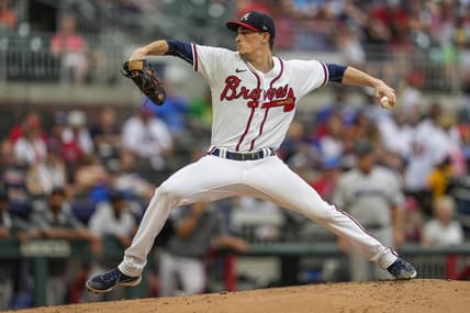 Sep 4, 2022; Cumberland, Georgia, USA; Atlanta Braves starting pitcher Max Fried (54) pitches against the Miami Marlins during the second inning at Truist Park. Mandatory Credit: Dale Zanine-USA TODAY Sports