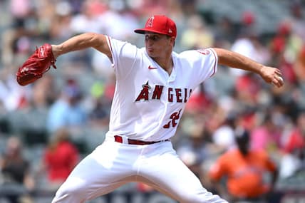 Sep 4, 2022; Anaheim, California, USA; Los Angeles Angels starting pitcher Tucker Davidson (32) throws a pitch against the Houston Astros during the first inning at Angel Stadium. Mandatory Credit: Orlando Ramirez-USA TODAY Sports
