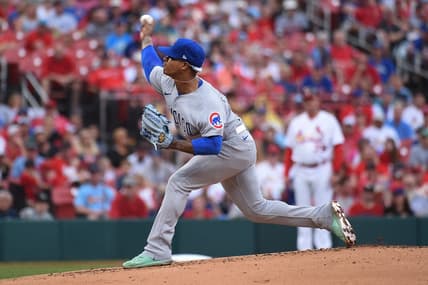 Sep 4, 2022; St. Louis, Missouri, USA; Chicago Cubs starting pitcher Marcus Stroman (0) pitches against the St. Louis Cardinals in the first inning at Busch Stadium. Mandatory Credit: Joe Puetz-USA TODAY Sports