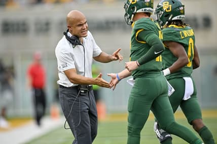 Sep 3, 2022; Waco, Texas, USA; Baylor Bears head coach Dave Aranda and quarterback Blake Shapen (12) during the game between the Baylor Bears and the Albany Great Danes at McLane Stadium. Mandatory Credit: Jerome Miron-USA TODAY Sports