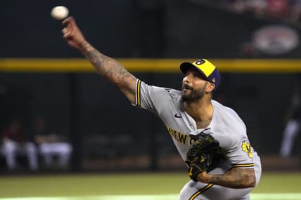 Sep 4, 2022; Phoenix, Arizona, USA; Milwaukee Brewers relief pitcher Matt Bush (50) throws against the Arizona Diamondbacks in the eighth inning at Chase Field. Mandatory Credit: Rick Scuteri-USA TODAY Sports