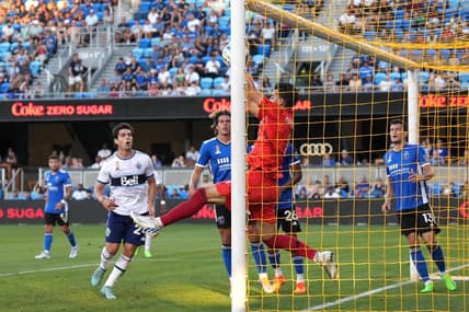 Sep 4, 2022; San Jose, California, USA; San Jose Earthquakes goalkeeper JT Marcinkowski (1) makes a save against the Vancouver Whitecaps during the first half at PayPal Park. Mandatory Credit: Darren Yamashita-USA TODAY Sports