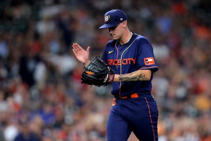 Sep 5, 2022; Houston, Texas, USA; Houston Astros starting pitcher Hunter Brown (58) reacts after a strikeout against the Texas Rangers during the fifth inning at Minute Maid Park. Mandatory Credit: Erik Williams-USA TODAY Sports