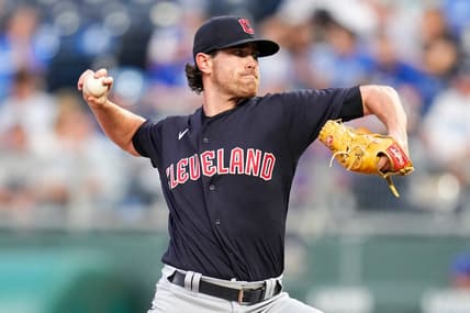 Sep 6, 2022; Kansas City, Missouri, USA; Cleveland Guardians starting pitcher Shane Bieber (57) pitches against the Kansas City Royals during the first inning at Kauffman Stadium. Mandatory Credit: Jay Biggerstaff-USA TODAY Sports