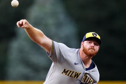 Sep 6, 2022; Denver, Colorado, USA; Milwaukee Brewers starting pitcher Brandon Woodruff (53) pitches in the first inning against the Colorado Rockies at Coors Field. Mandatory Credit: Ron Chenoy-USA TODAY Sports
