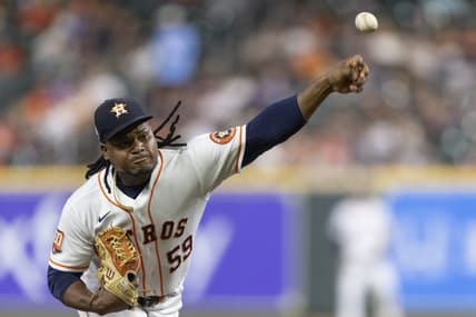 Sep 6, 2022; Houston, Texas, USA; Houston Astros starting pitcher Framber Valdez (59) pitches against the Texas Rangers in the fourth inning at Minute Maid Park. Mandatory Credit: Thomas Shea-USA TODAY Sports